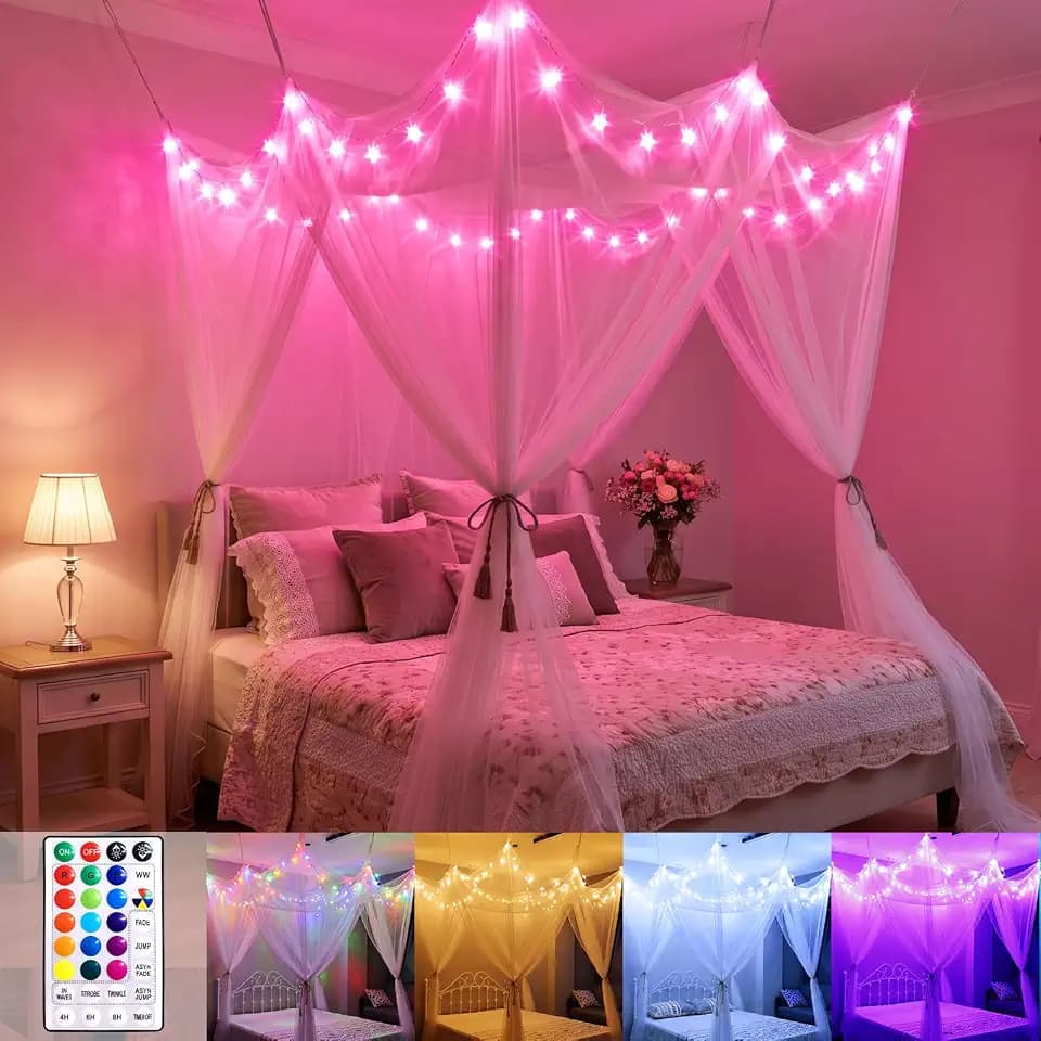 Bed Canopy with Fairy Lights for Girls Full Queen Twin Size Bed, RGB Light