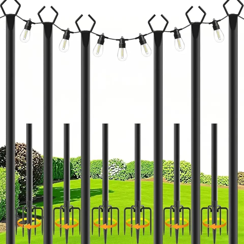 zoegi 6 Pack 10Ft String Light Poles,Light Poles for Outside Lights with Fork,Outdoor Brackets Hanging Lights,Metal Stand for Deck Patio,Backyard,Wedding,Deck,Party
