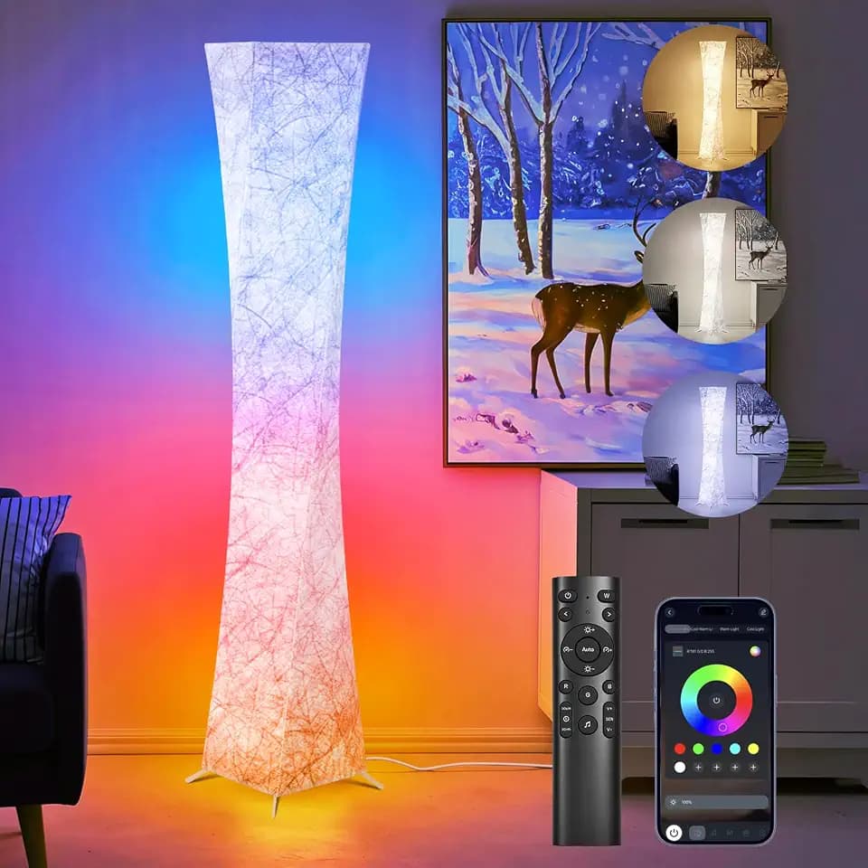 WORLD WIN 61'' RGB LED Corner Floor Lamp, Unique Hourglass Shade, Square