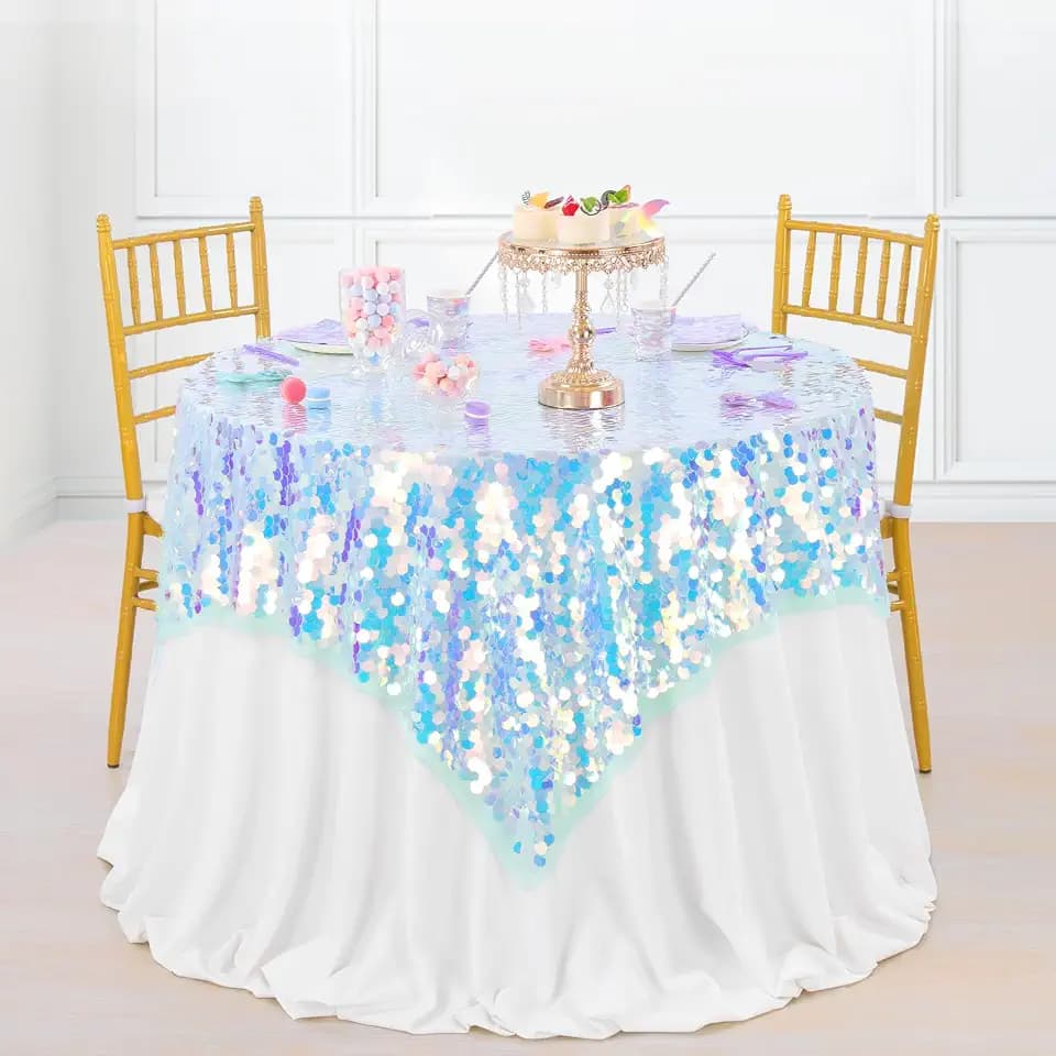 QueenDream Green Tablecloth Sequin Mermaid Fabric: Rectangle Iridescent Table Cloth 51x47 Inches Mermaid Ocean Themed Birthday Party Decorations