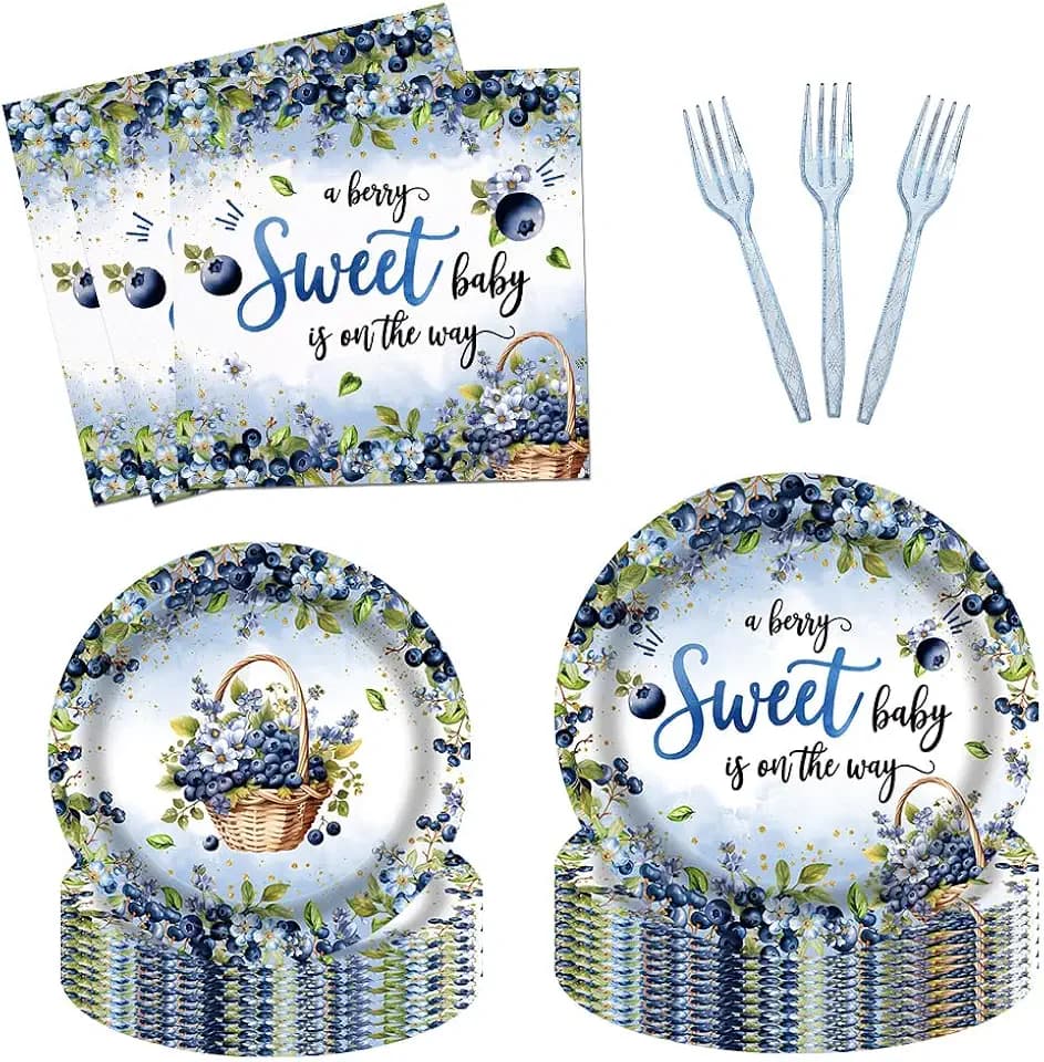 96Pcs Blueberry Baby Shower Party Tableware Supplies Berry Sweet Baby Blueberry Plates and Napkins A Berry Sweet Baby is On The Way Party Set Decorations Serve 24 Guests