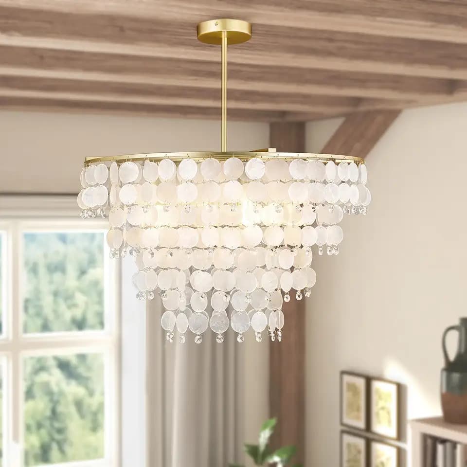 Natural Capiz Shell Chandelier, Coastal Modern Chandelier, Hanging Round Layered Pendant Lighting(4 Light, Gold)