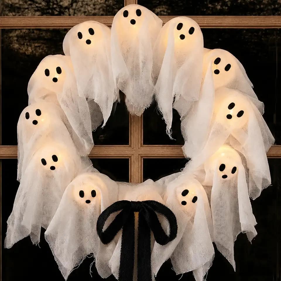 Halloween Decorations Outdoor - 22" Cute Lit Ghost Wreath
