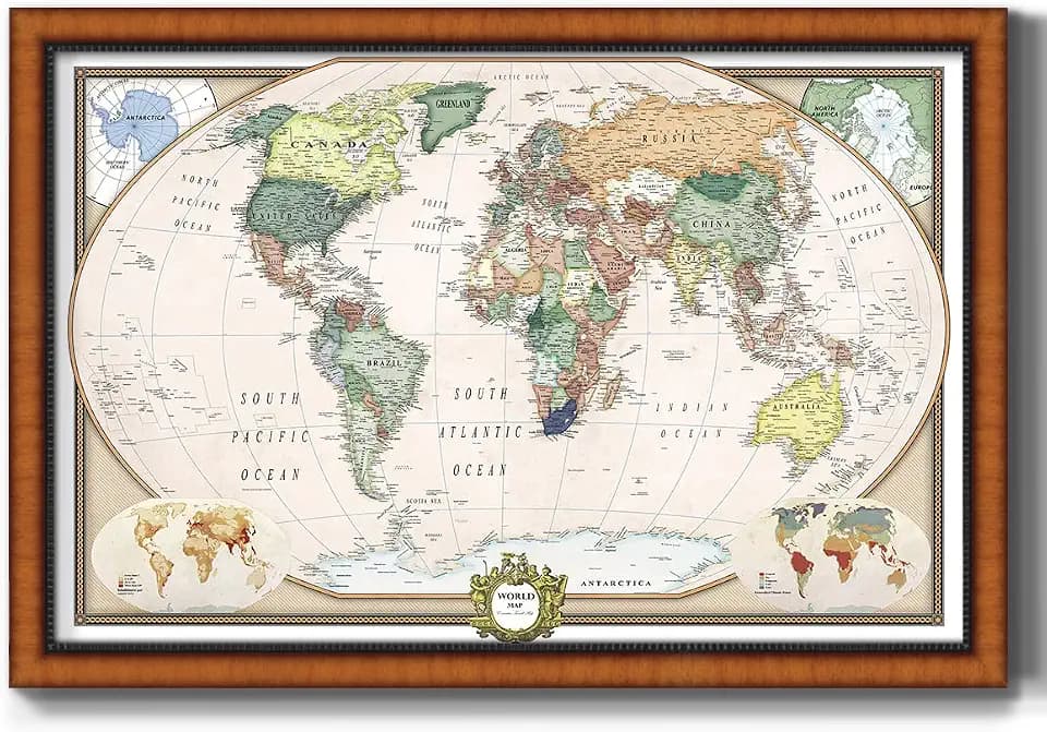 Renditions Gallery Colorful World Map Canvas Wall Art with Pecan Frame Wall Hanging Travel Map with Push Pins for Home, Office, Classroom