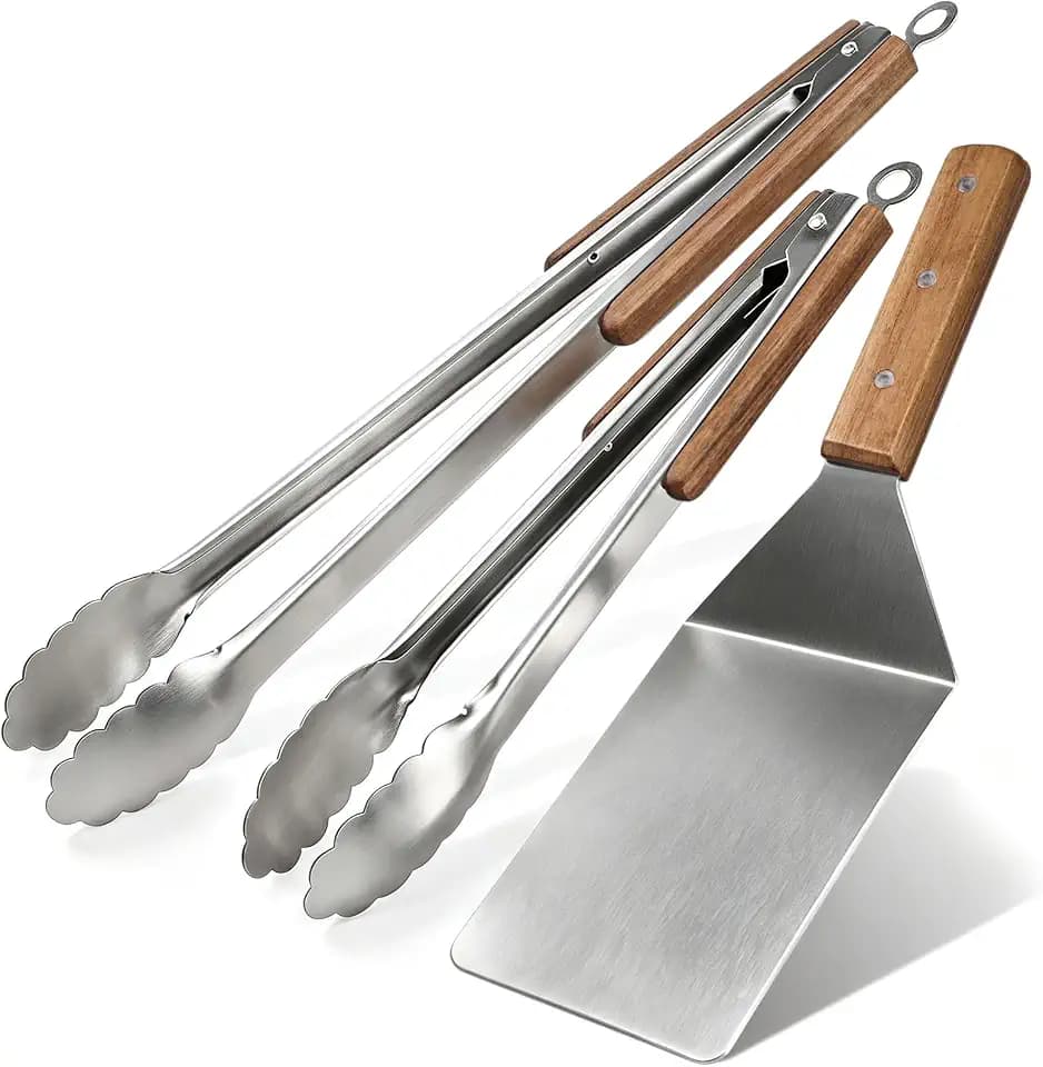 Tongs and Spatula Set of 3, Heavy Duty Stainless Steel, Wood Handle
