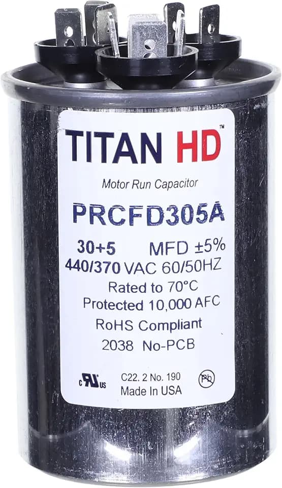 Packard PRCFD305A Titan HD 30+5 MFD, 440/370V Round Dual Run Start Capacitor for AC Motor Run or Fan Start, HVAC Dual Run Round Start Capacitor, 60,000 Hours Operating Life
