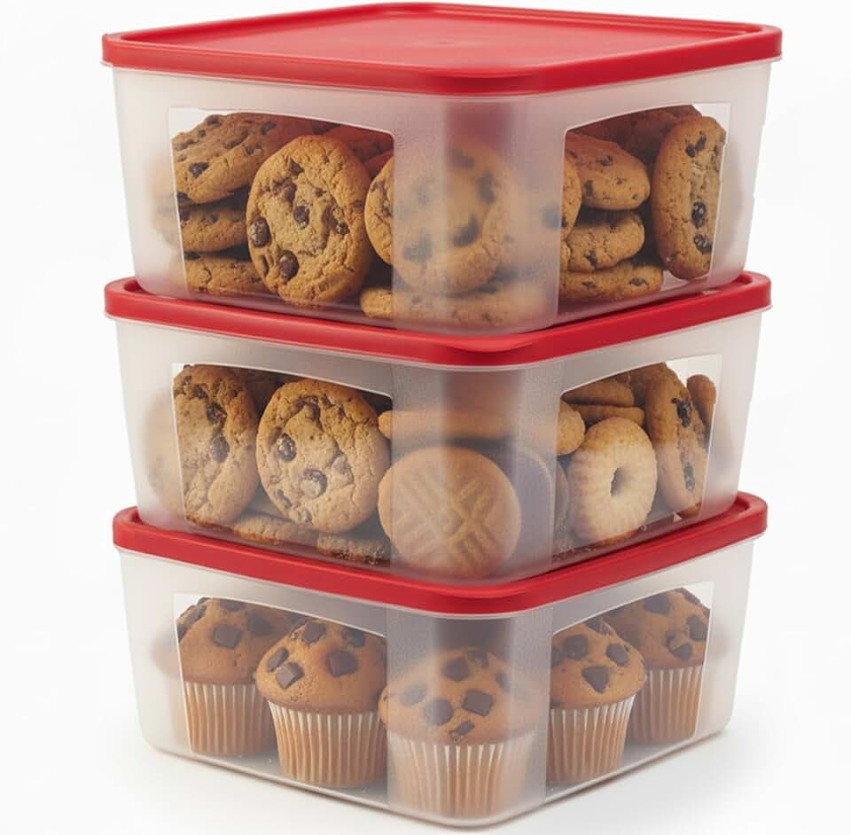 Cookie Storage Containers Airtight - 3-Pack 3.7L Square Plastic Containers With Lids for Baked Goods, Cupcake Storage & Meal Prep - BPA Free, Airtight Flat Reusable Muffin Storage Container