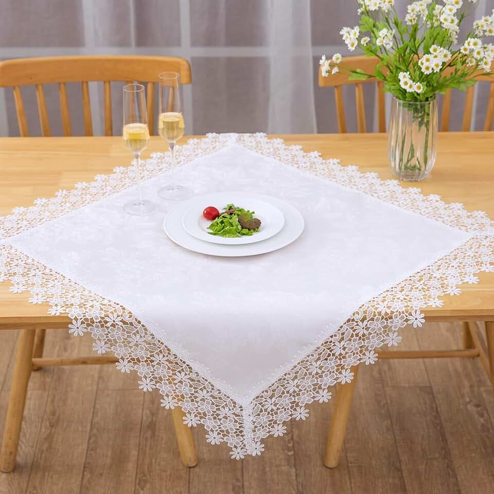 Lace Tablecloth Waterproof Fabric Washable Off White 33x33inch