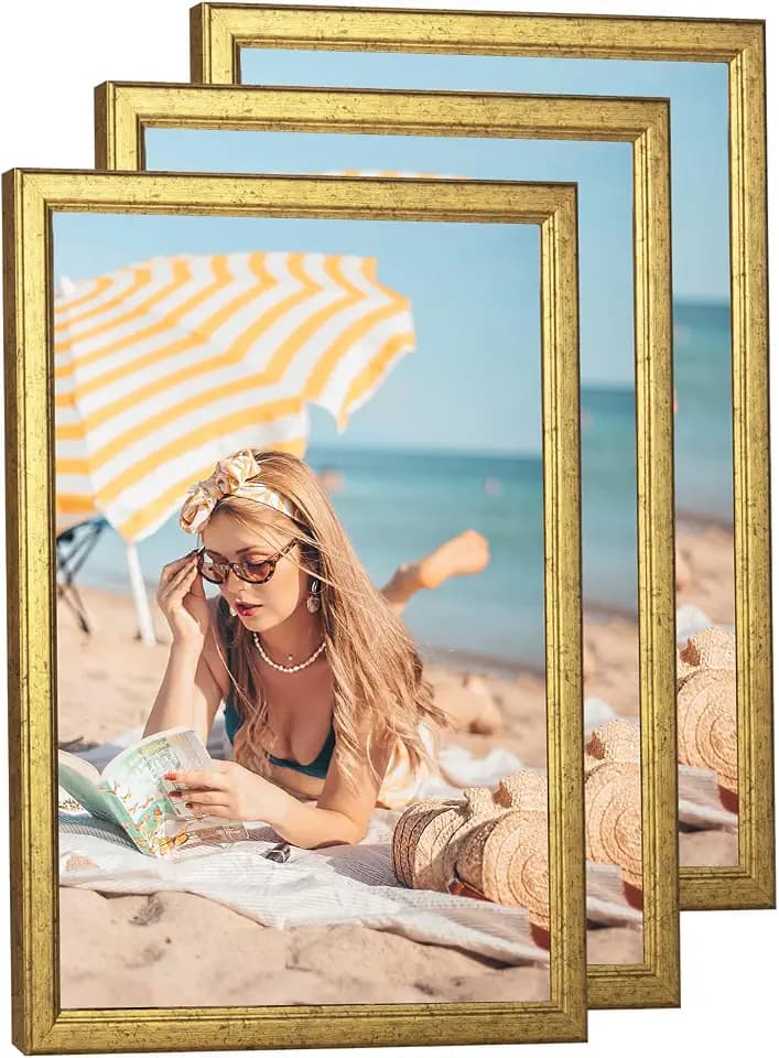 3 pack Wood 12x18 Frame Gold, Ornate Natural Wooden 18x12in Picture Frame, Modern Golden 12 x 18in Gallery Photo Pic Frame with HD Plexiglass,Horizontal Vertical Wall Mounting Set of 3
