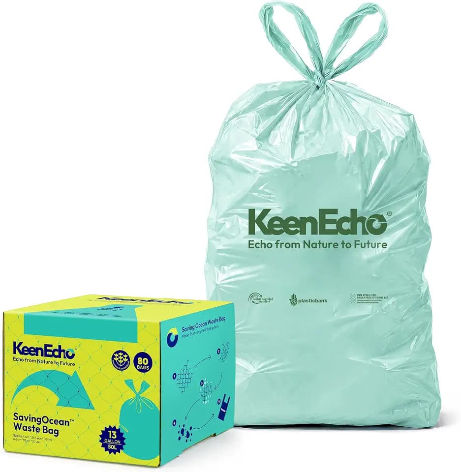 13 Gallon 80 Counts Small Green Trash Bags with Handle, Ocean Fishing Nets Upcycling, Sage & Sea Salt Scented, Plastic Garbage Bags, Waste Bag for Kitchen, Bathroom, Office and Pets