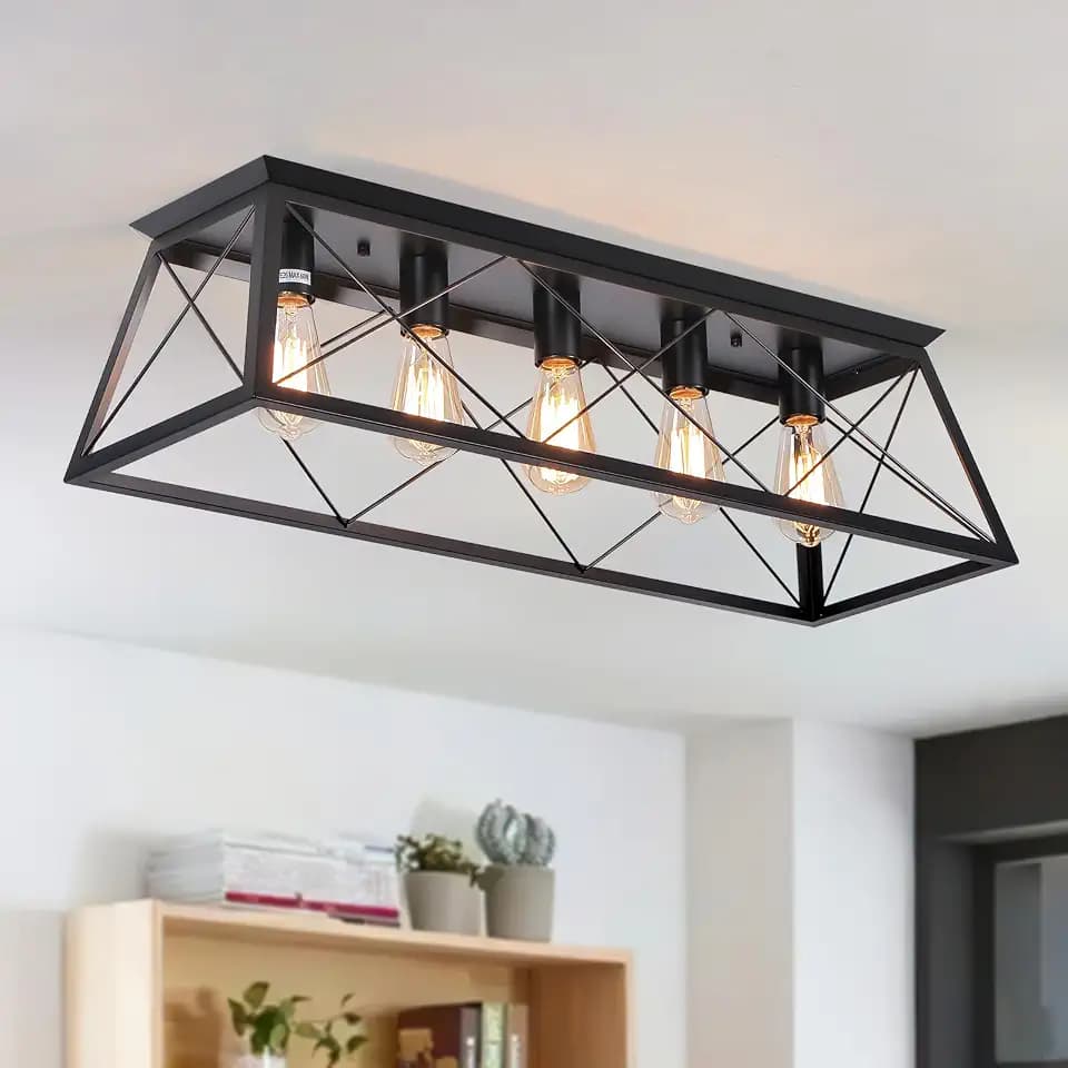5-Light Farmhouse Flush Mount Ceiling Light Black Kitchen Island Dimmable