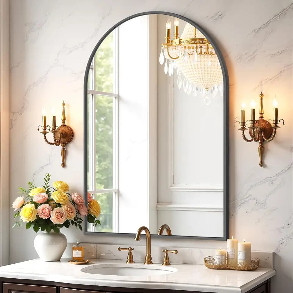Bathroom Mirror for Wall, 38x26 Inch Arched Mirror, Matte Black Metal Framed Bathroom Vanity Mirrors for Restroom Farmhouse, Anti-Rust, Tempered Glass, Hanging or Leaning