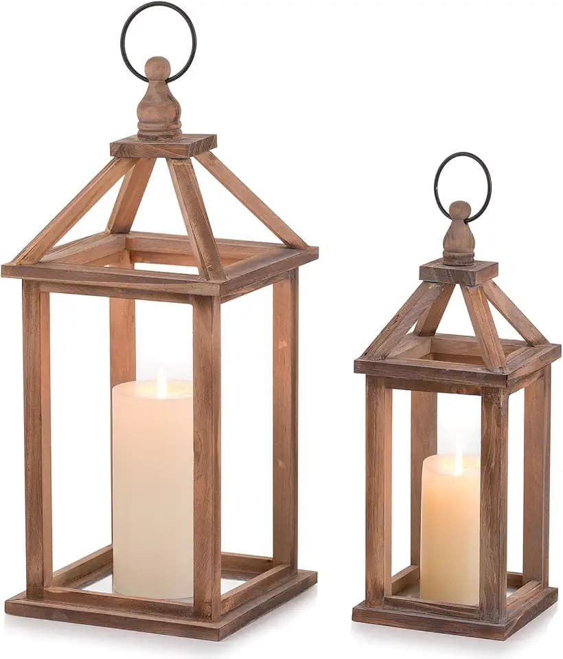 Romadedi Wood Candle Lantern Decorative, Brown, Rustic Decor Set of 2