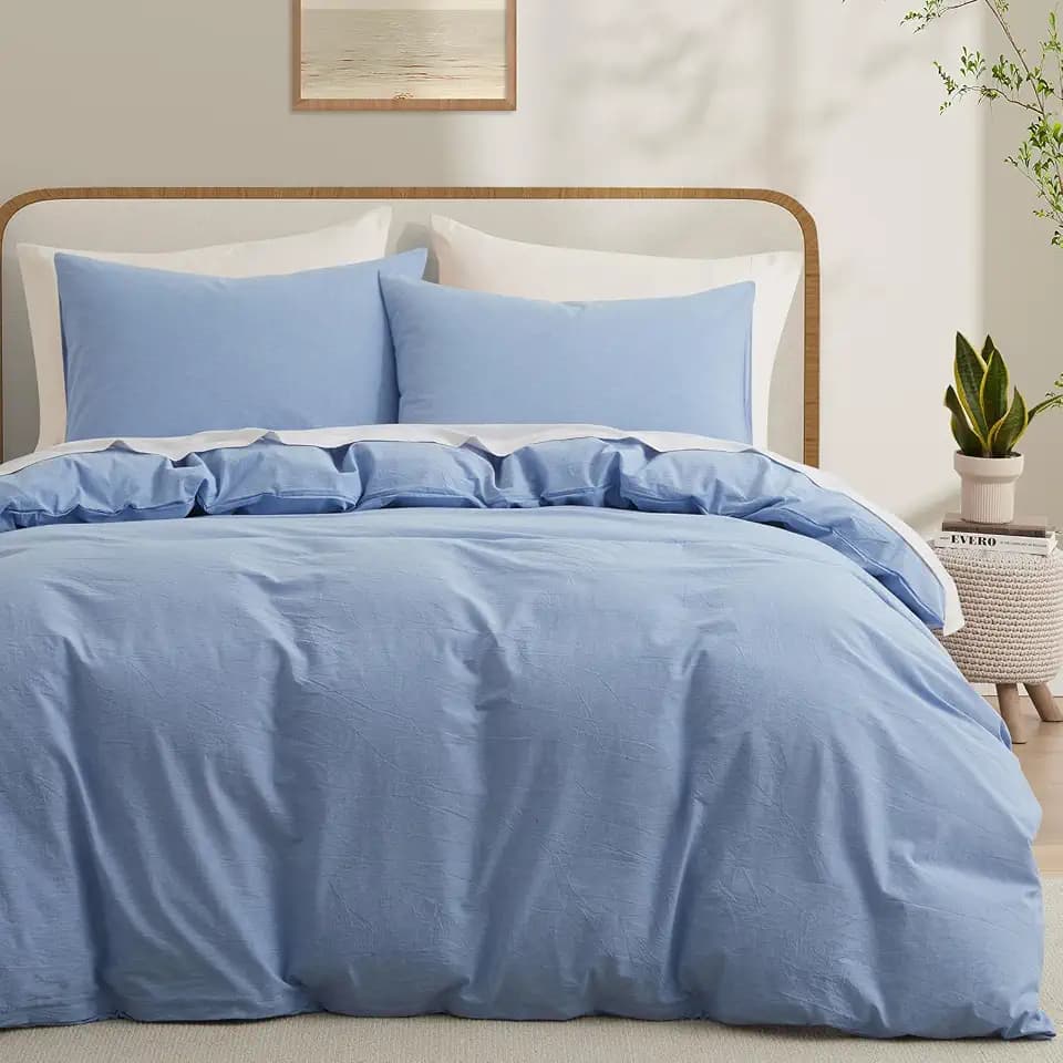 LOVQUE 100% Washed Cotton Duvet Cover, Light Blue, Queen Size, 90x90 Inches
