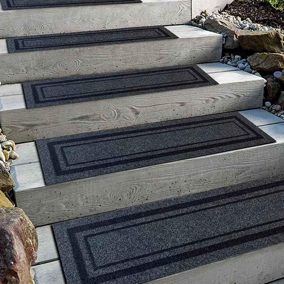 Aucuda 2pcs 8.5" x 30" Stair Treads for Dogs on Wooden Steps, Gray Border.