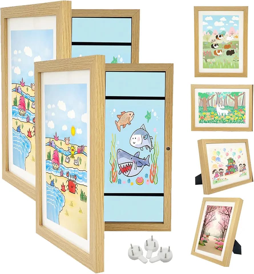 2PCS Kids Art Frames, 8.6x11.6in Front Opening Kids Artwork Frames Changeable Child Artwork Picture Display, Children Storage Frame for Wall, Holds 50pcs Drawings, Craft, Wood Color