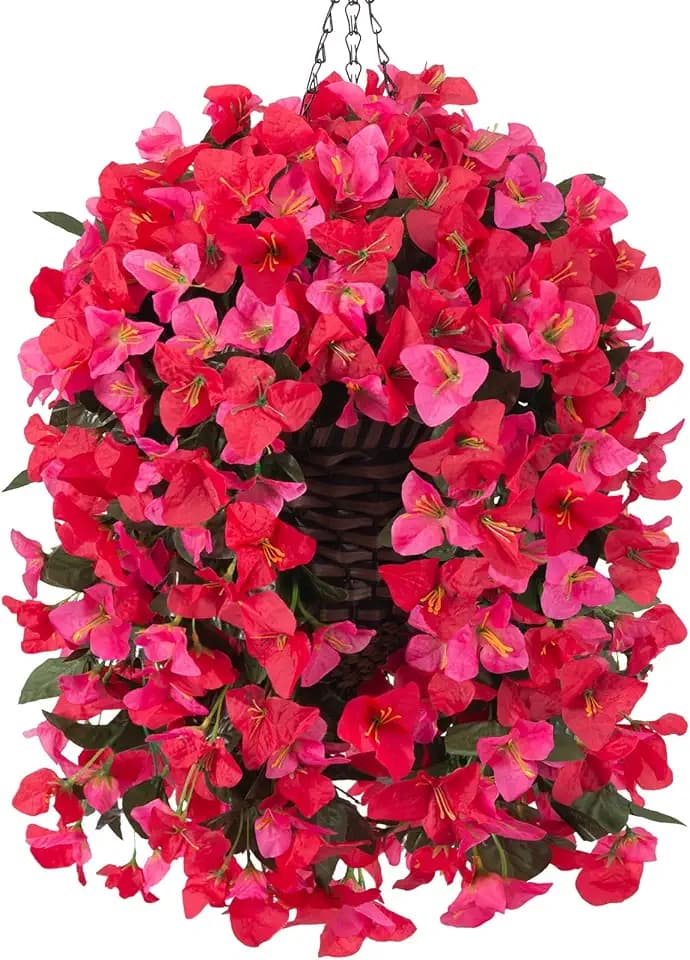 Ivydale Bougainvillea Artificial Hanging Fake Flowers with Basket for Outdoors Decoration, Faux Silk Flowers UV Resistant Fake Plants Long Vines Realistic for Outside Front Door Porch Patio, Red Pink