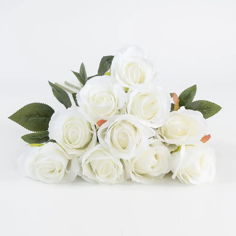 10 pcs Fake Roses Artificial Silk Flowers Realistic Long Stem Roses Bouqet for Home Wedding Office Decoration Party (White)
