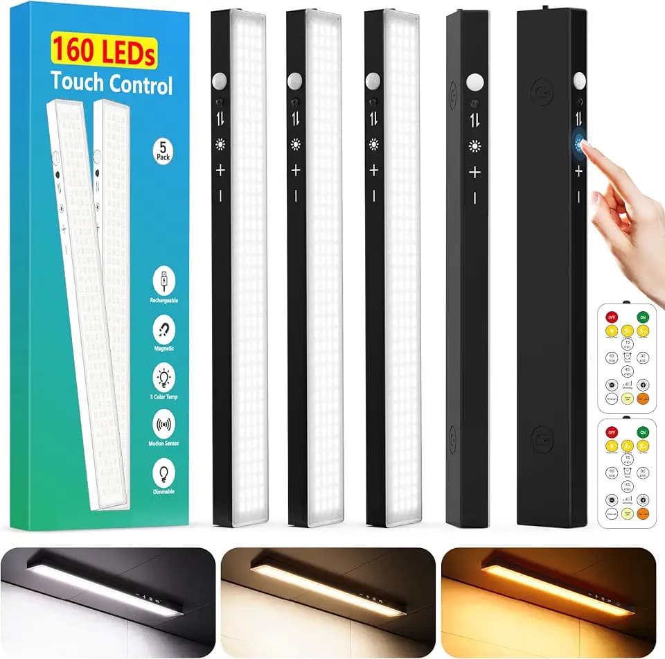 12" Under Cabinet Lights Wireless Rechargeable, Motion Sensor, 5Pack, Black
