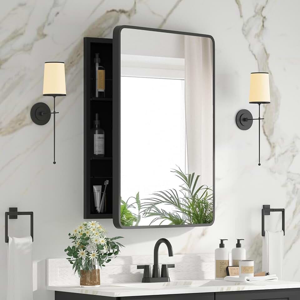 Medicine Cabinet with Mirror, 20x26 Inch Black Bathroom Mirrored Cabinet, Metal Framed Wall Cabinet with Beveled Mirror, Modern Surface Mount or Recessed Medicine Cabinet with Storage
