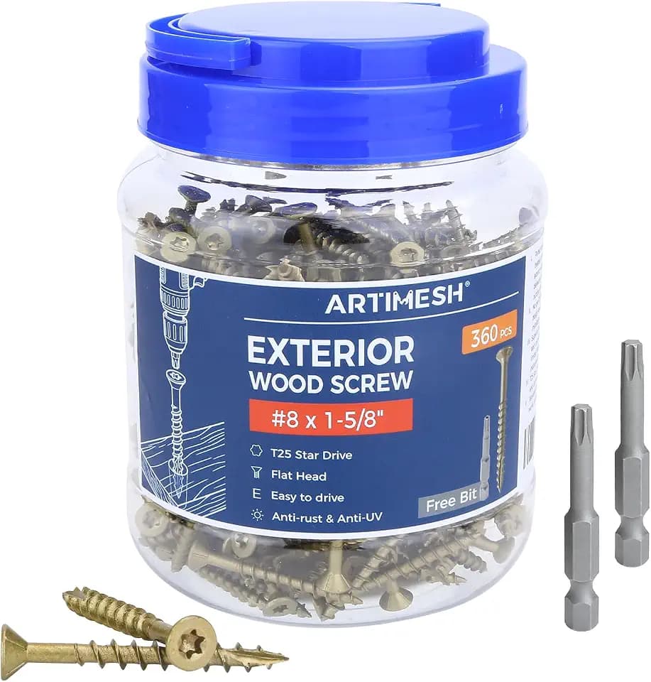 360Pcs Wood Screws, #8x1-5/8 Deck Screws. Featured with Epoxy Coating, T20 Star Bit, 1500+ Hour Salt Spray & Superior Rust Resistance. Suitable for Outdoor Decking, Fences and Wood Work.