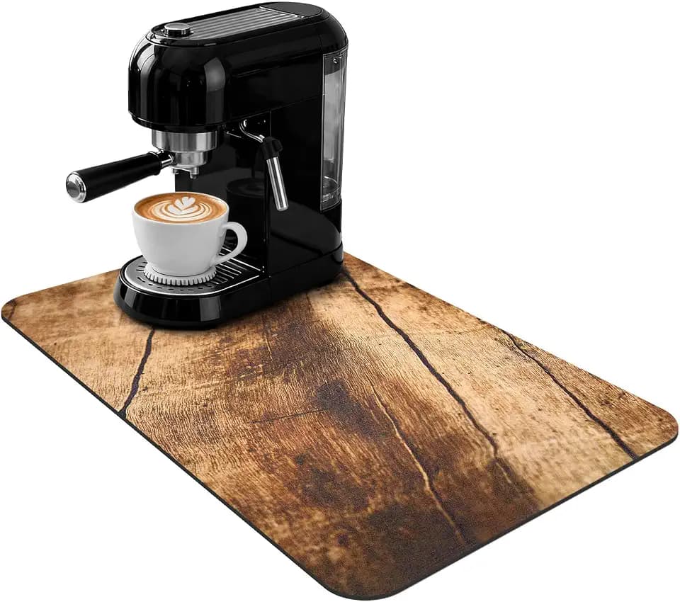 Coffee Mat 24x16 Inch, Wood Grain Coffee Place Mat, Absorbent Hide Stain Rubber Backed Dish Drying Mat for Kitchen Counter, Bar Mats for Countertops, Under Coffee Bar Maker Machine Pot Table Station