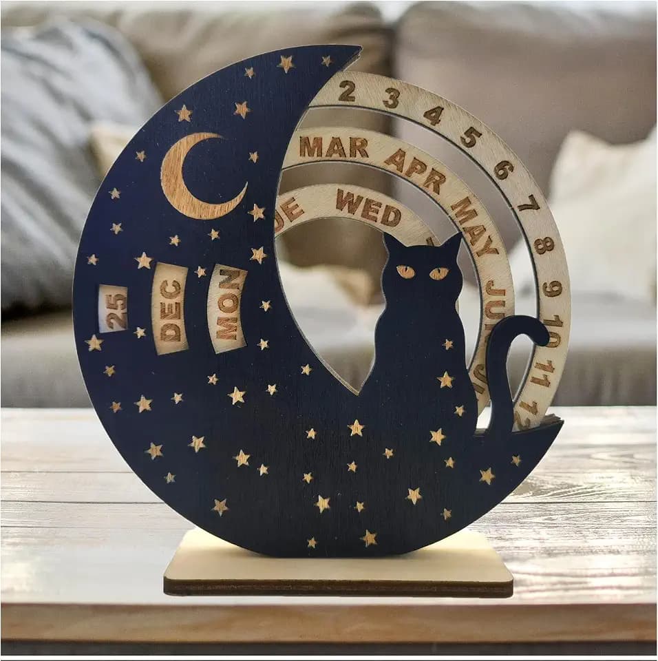 ENCIMART Cat Perpetual Desk Calendar,Reusable 6 Inch Wooden Mini Moon Calendar Creative Rotatable Disk Calendar Decoration,Desk Accessories for Home Office Decor for Cat Lovers