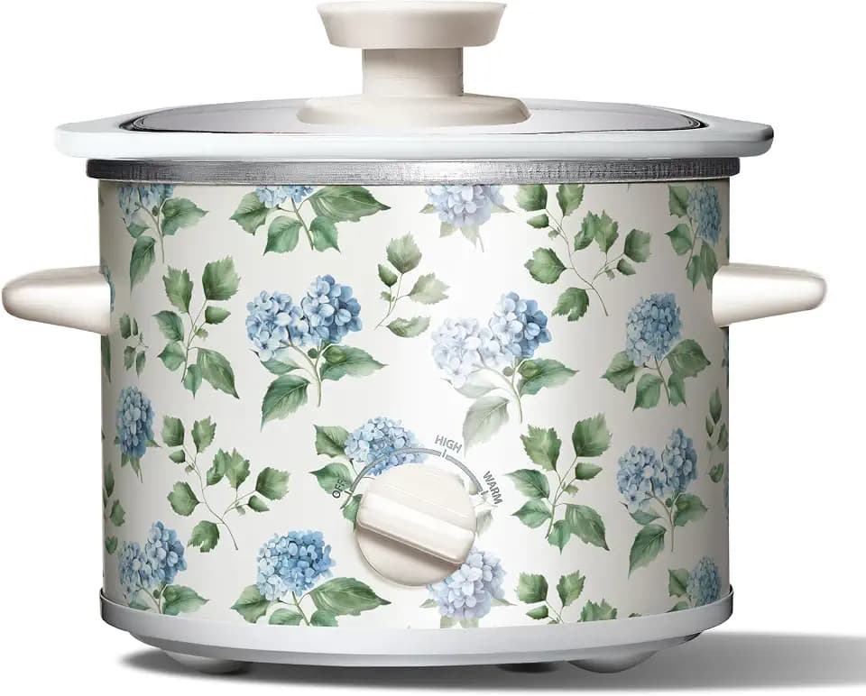 COOK WITH COLOR 2QT Mini Electric Round Slow Cooker - Adjustable Settings, Removable Stoneware Pot, Tempered Glass Lid, Dishwasher Safe, Cool-Touch Side Handles, Floral Blue/Green