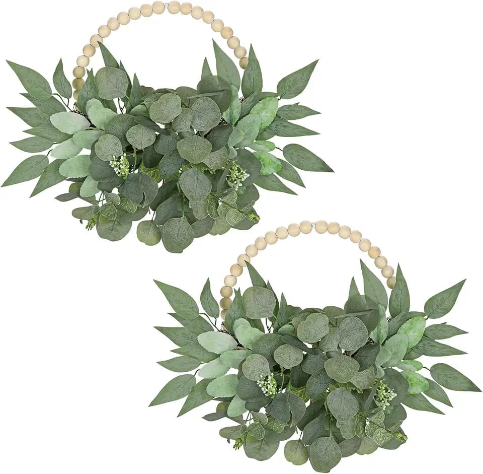 Artificial Eucalyptus Wreaths with Wood Bead for Front Door 10" Eucalyptus Leaves Wreaths Spring Summer Decoration Boho Farmhouse Wall Decor 2 Pack - Eucalyptus