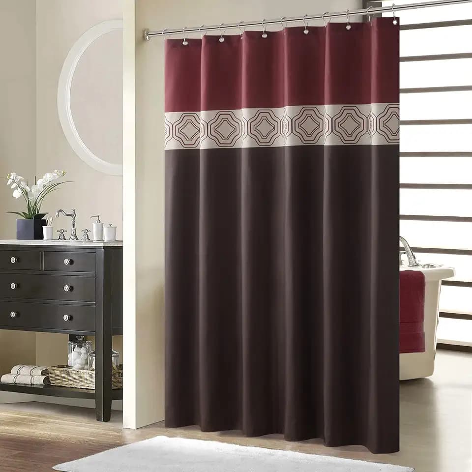 Fabric Shower Curtain, Brown and Burgundy Color Block Cloth Shower Curtains for Bathroom, Waterproof Bathroom Curtains, 62" W x 72" H