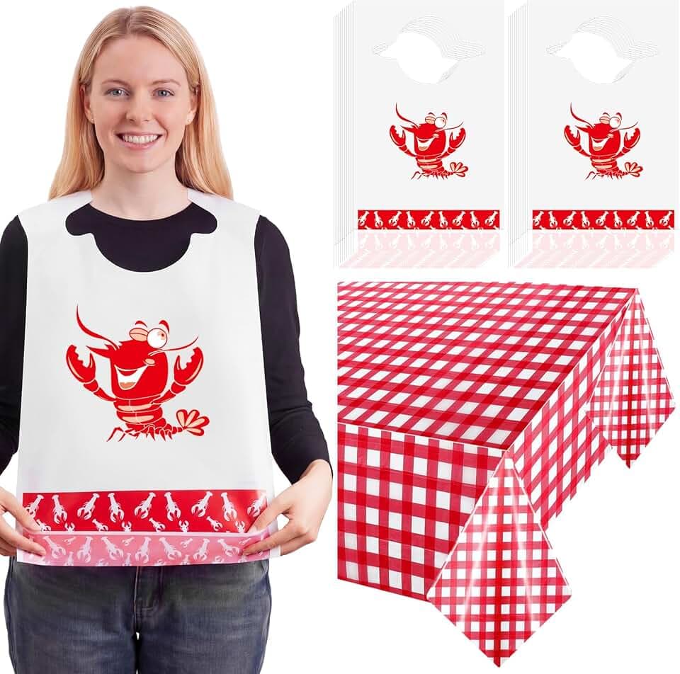 Flutesan 30 Pcs Lobster Pattern Bibs with Pocket,Red White Tablecloth