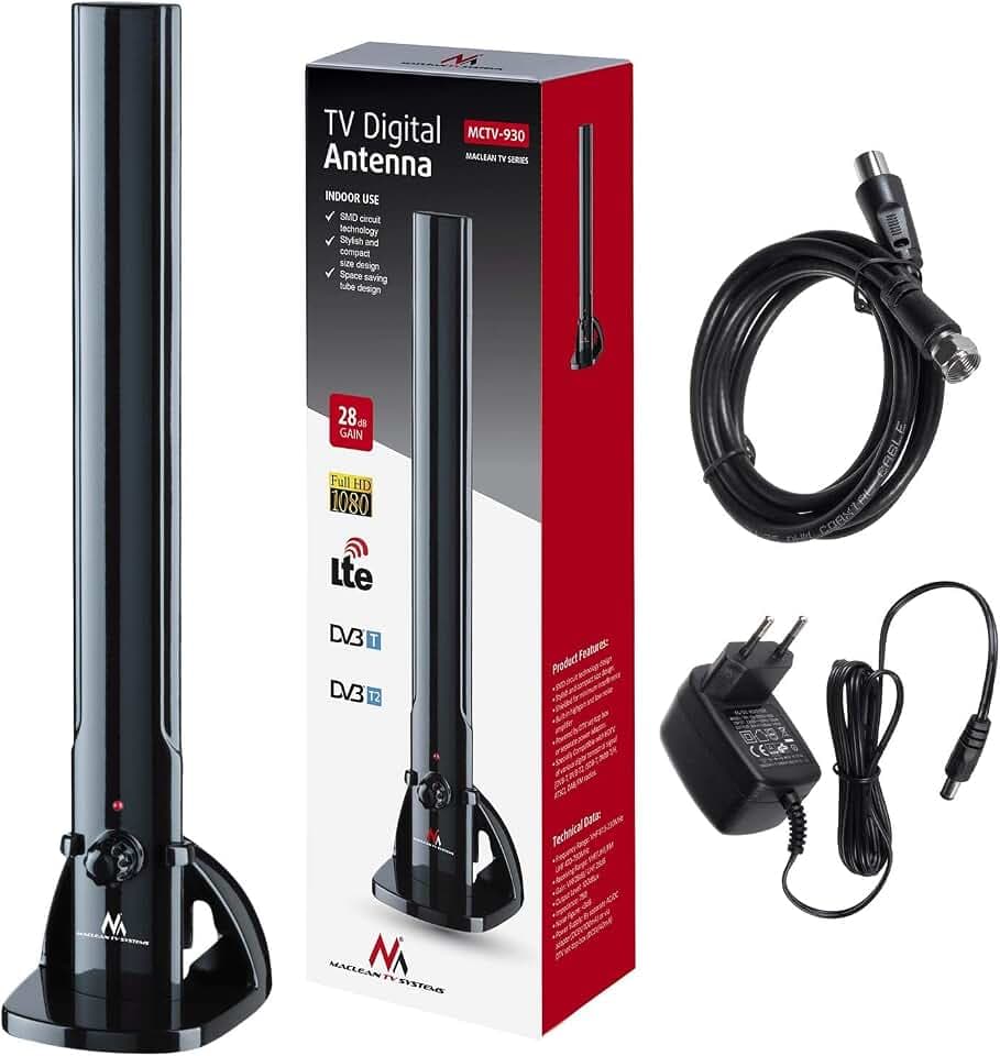 DVB-T2 Zimmerantenne für Fernseher TV Radio Antenne HDTV DVB-T2 DVB-T LTE DAB UKW 100dBµV Verstärker Digital Terrestrisch | Maclean MCTV-930