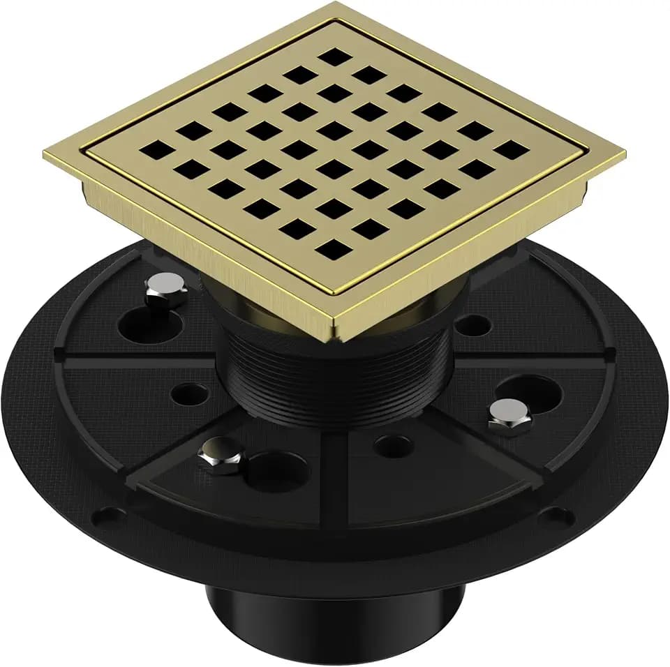 EXF Square Shower Drain 4-3/8 Inch Brushed Gold with ABS Flange