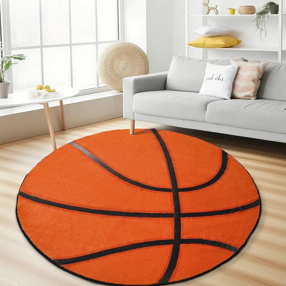 Round Basketball Rug–4ft Soft Washable Sport Area Rugs with Non Slip Backing,Carpet for Bedroom,Living Room and Basketball Room Decor