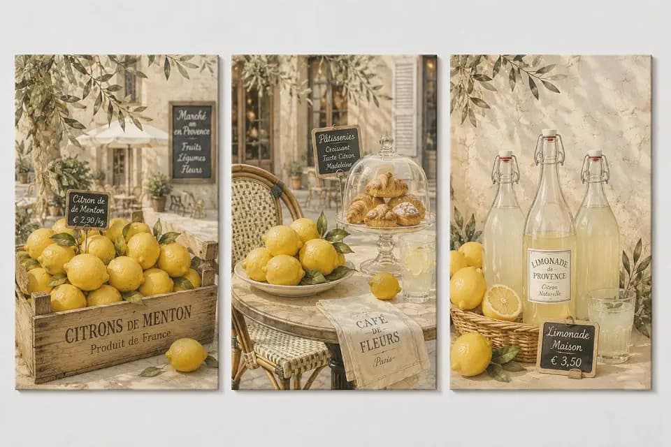 ICE ARMOR Large Set of 3 French Lemon Market Canvas Wall Art Rustic Farmhouse Kitchen Decor Mediterranean Cafe Botanical Artwork for Dining Room 16x24 Inch Frameless Canvas Print - Ready to hang