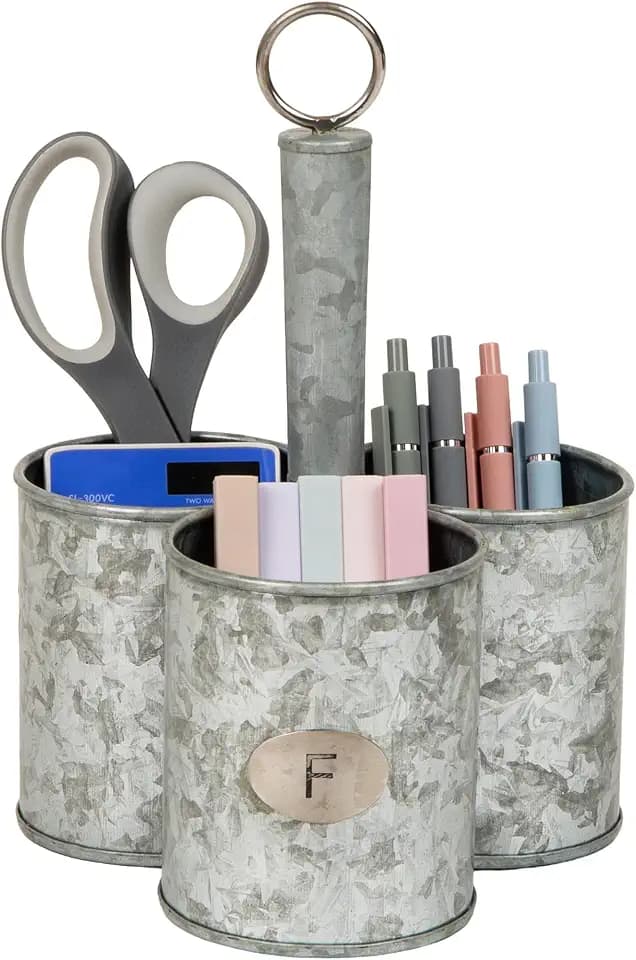 Mind Reader 3-Compartment Metal Organizer with Handle, Multi-Use Storage Caddy, Galvanized Metal, Silver
