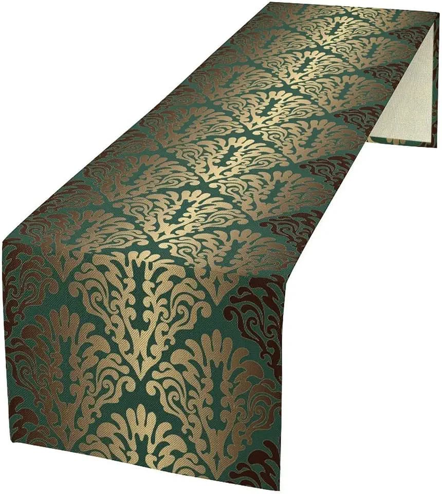 Gold Damask Table Runner, Vintage Classic Luxury Oriental Green and Gold Damask Floral Dinner Table Runner for Farmhouse Home Kitchen Dining Holiday Wedding Party Decor 13x36in