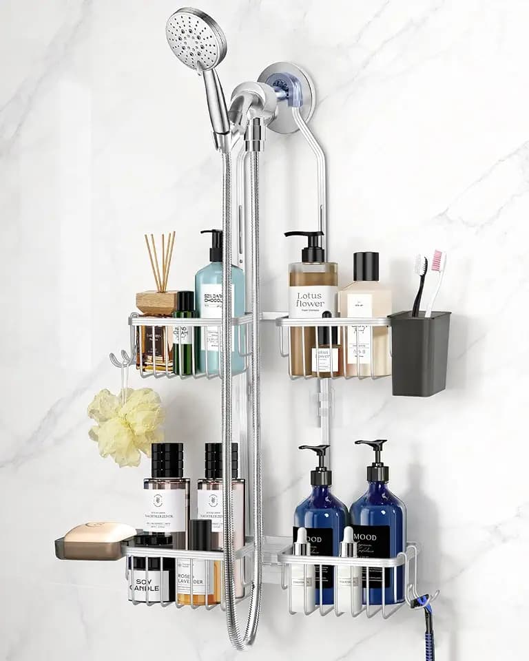 Adjustable Shower Caddy Hanging for Handheld Showerheads - Upgraded Never Rust Shower Hanging Organizer, Bathroom Shower Rack with Soap Basket, Hooks and Toothbrush Holder (Shiny Silver)