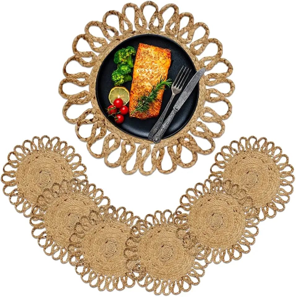 Jute Hand Braided Placemats Set of 6 | 14 Inches Artistic Round Tablemats for Kitchen Dining Table Top Sustainable Rug Mats & Dinner Table Plate Pads Mates Rustic Natural Fiber Vintage Natural Beige