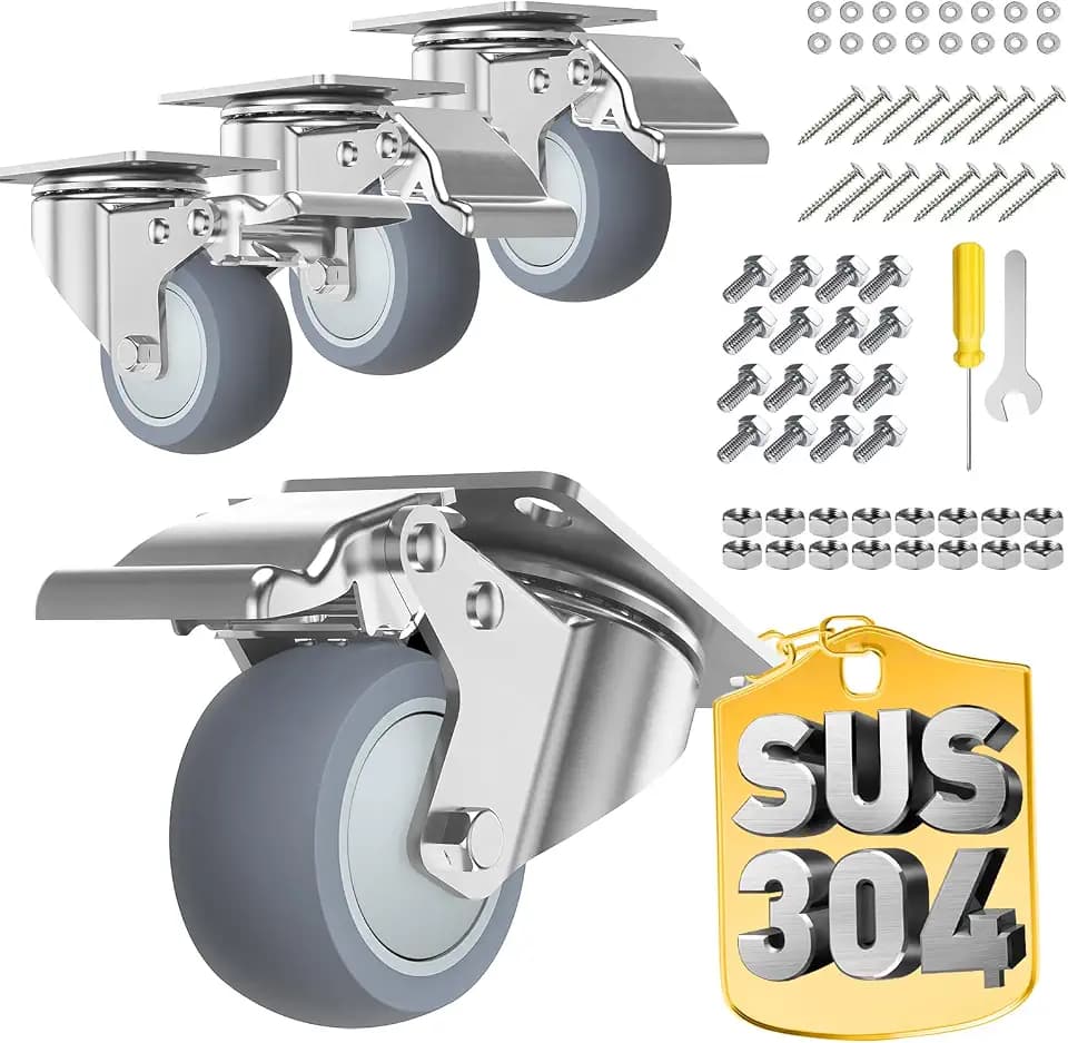 3 Inch Stainless Steel Casters Set of 4, 2300LBS Heavy Duty Swivel with Brake, 304 Rustproof Quiet TPR Non-Marking Wheels for Prep Table & Cart (Hardware Included)
