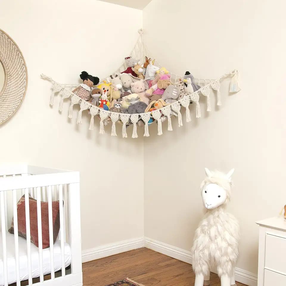 Abby Baby Extra Large Stuffed Animal Hammock with LED Lights 100% Natural Cotton Macrame Toy Storage Net for Plushies & Squishmallows Boho Macrame Corner Organizer for Kids’ Room or Nursery (Beige)