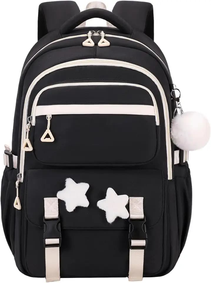 Black Backpack for Girls, Teen Girls Backpack for Elementary Middle School Kids, with Star Pins and Furry Pendant, A08-Black