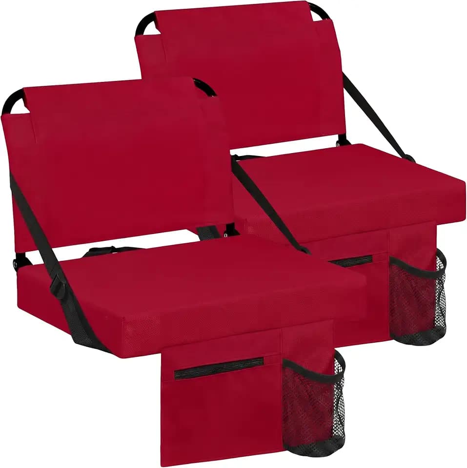 Stadium Seats for Bleachers 2 Pack w/Back Support Bleacher Seat Soft Cushion Light Weight Includes Shoulder Strap & Cup Holder, Front & Back Zipper Pocket, Suitable for Sports Events,Maroon
