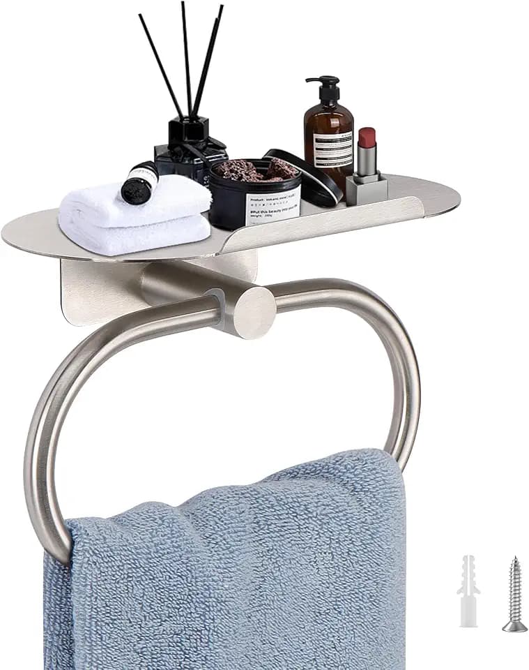 Hand Towel Ring with Shelf, Stainless Steel Hand Towel Holder, Heavy Duty Bath Accessories, Wall Mounted Towel Hanger for Bathroom Kitchen (Brushed Nickel)