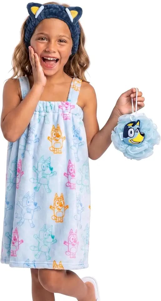 Jay Franco Bluey 3 Piece Spa & Bath Set - Includes Towel Wrap, Loofah & Spa Headband - Kids Bath & Shower Accessories