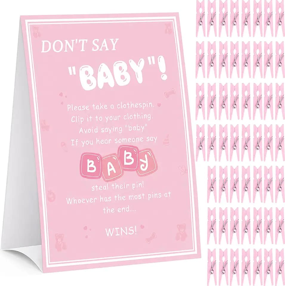 Don't Say Baby Game, Baby Shower Games for Girl, 1 Sign and 60 Pink Mini Clothespins, 8 x 11 in Sign, Shower Game Decorations Ideas, Gender Reveal Party Favors