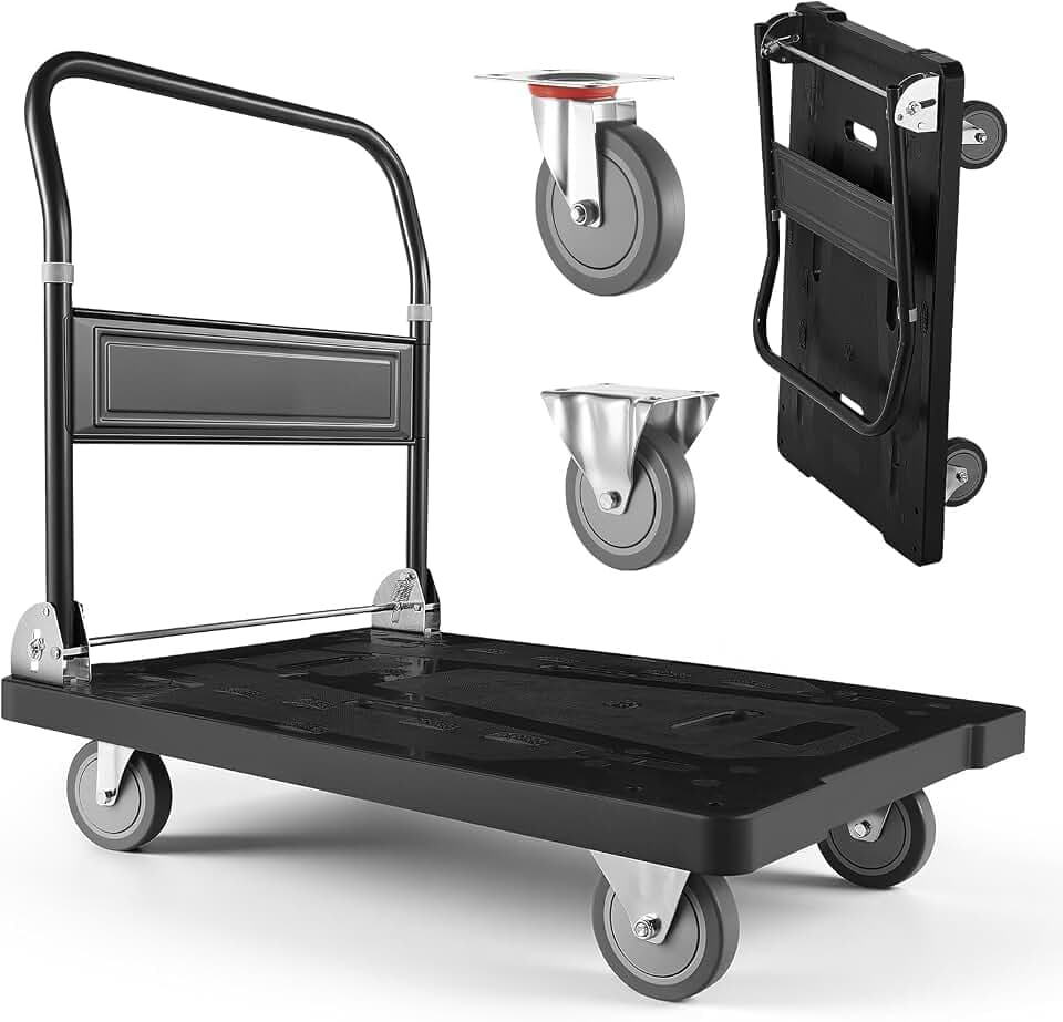 VEVOR Platform Truck Push Cart Dolly, 1000LBS Heavy Duty Folding Platform Truck with 360° Swivel Wheels, Flat Bed Cart with Space Saving Push Handle for Garage/Basement/Office/Warehouse