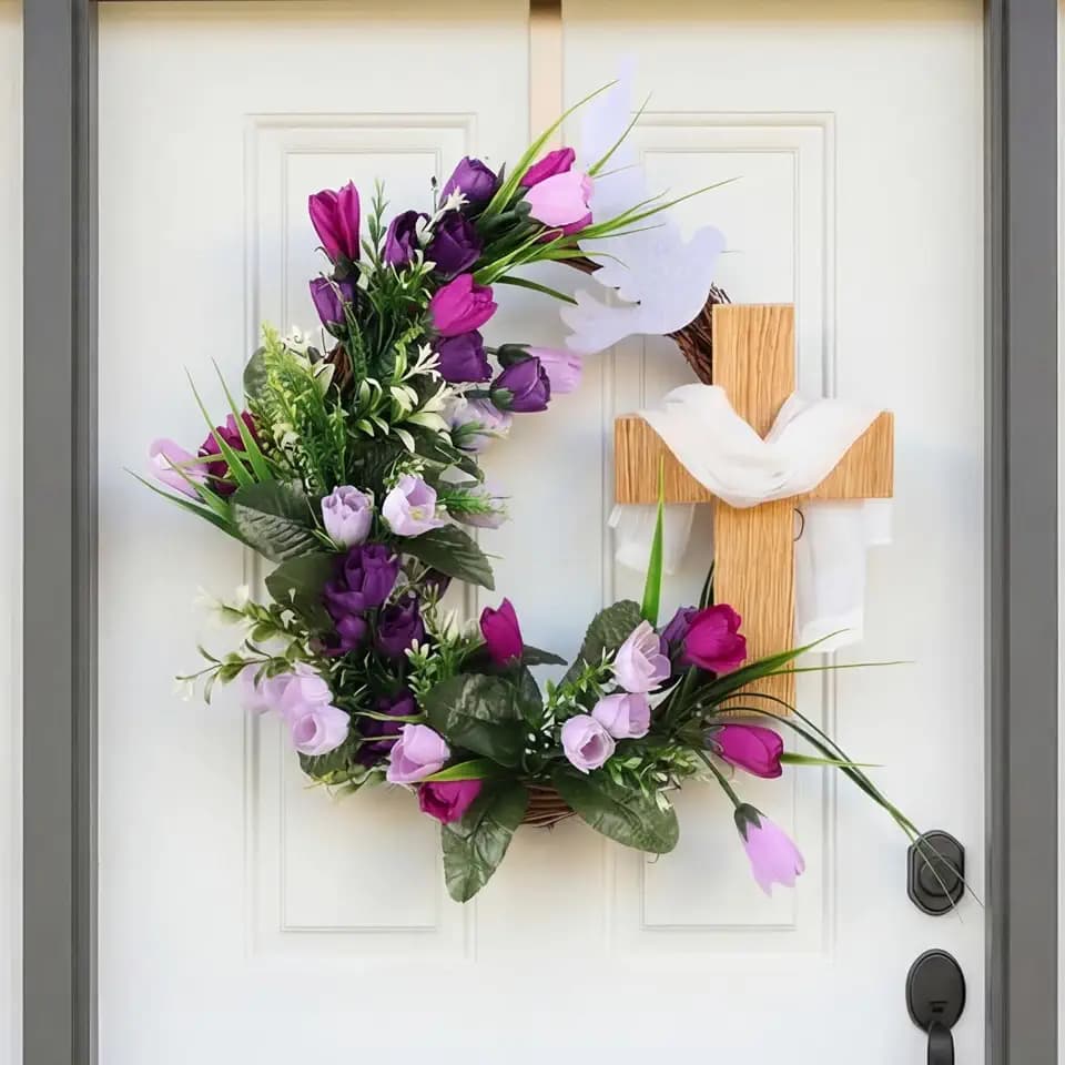 Cinnvoice Easter Cross Wreath Artificial Front Door Wreath