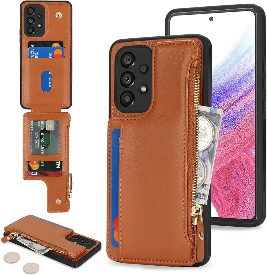 SailorTech Handyhülle für Samsung Galaxy A53 5G Etui mit Kartenfach, Samsung Galaxy A53 5G Hülle mit Kartenhalter, Samsung A53 5G Handyhülle mit Reißverschluss Geldbörse - Braun