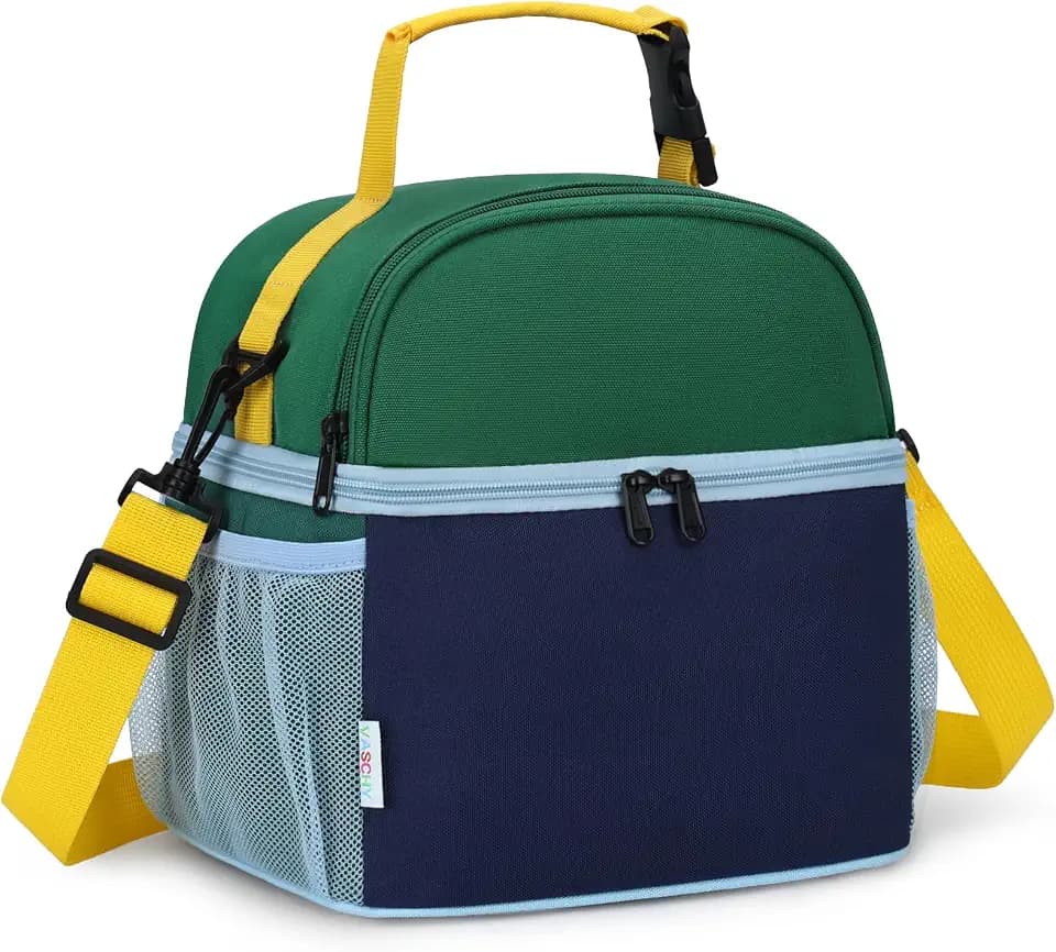VASCHY Lunch Box Bag for Kids, Insulated Double Compartments Cooler Lunch Tote for Toddlers Boys School/Daycare/Picnic Green Colorblock